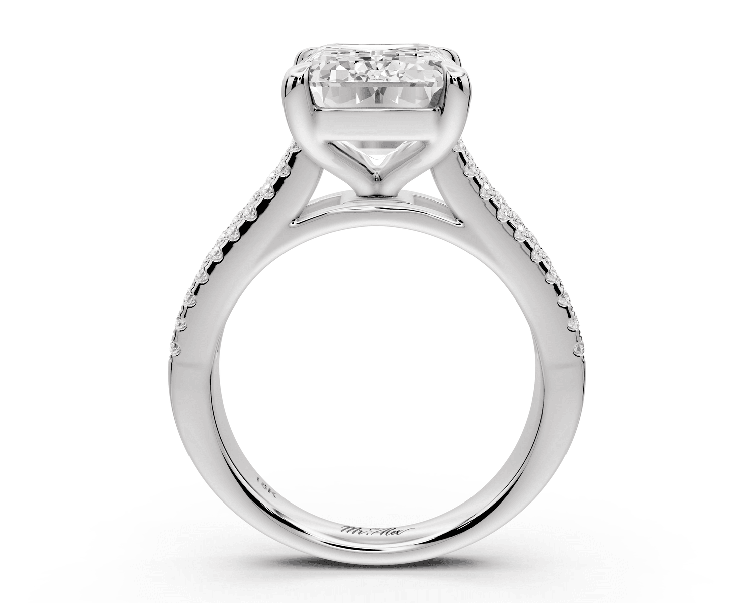 Estelle - 5ct platinum emerald diamond with emerald and round cut accent stones half band cathedral engagamengt ring - Mr. Alex Jewelry