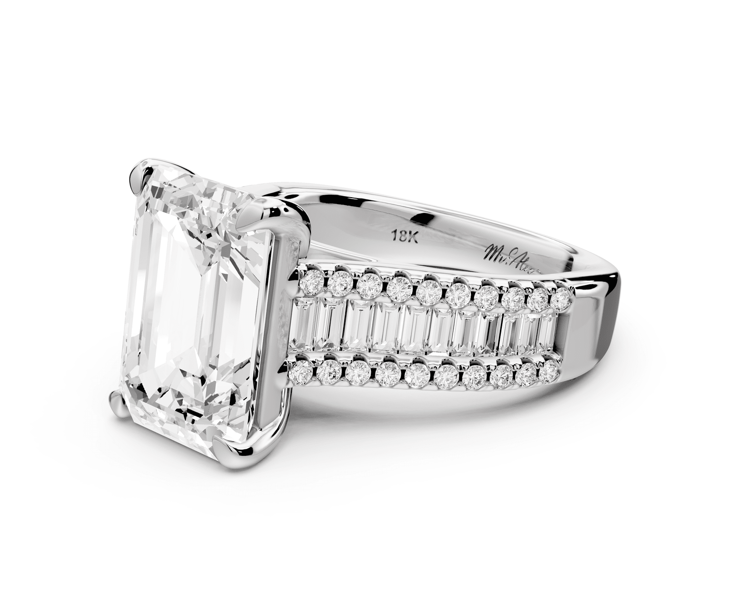 Estelle - 5ct platinum emerald diamond with emerald and round cut accent stones half band cathedral engagamengt ring - Mr. Alex Jewelry