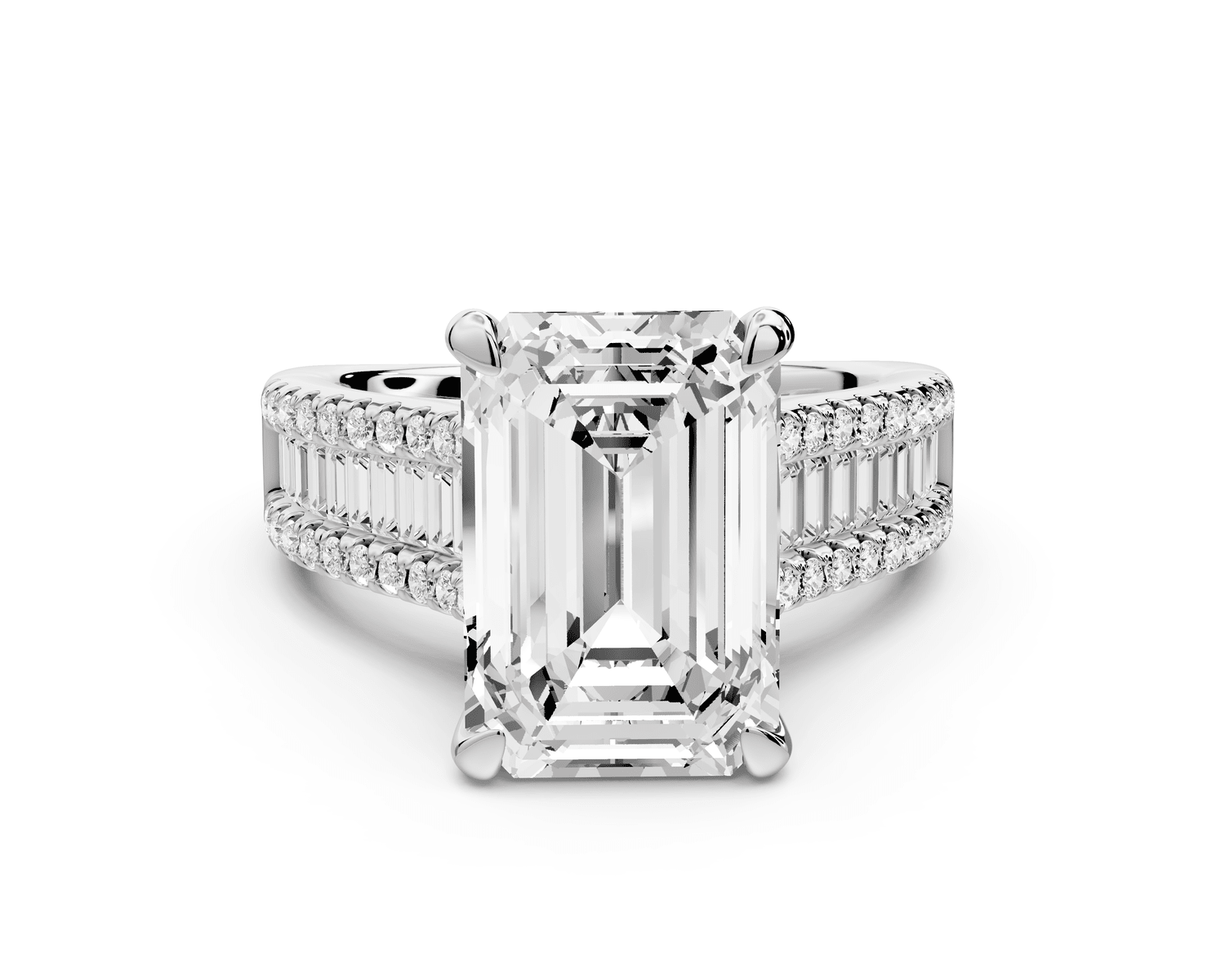 Estelle - 5ct platinum emerald diamond with emerald and round cut accent stones half band cathedral engagamengt ring - Mr. Alex Jewelry