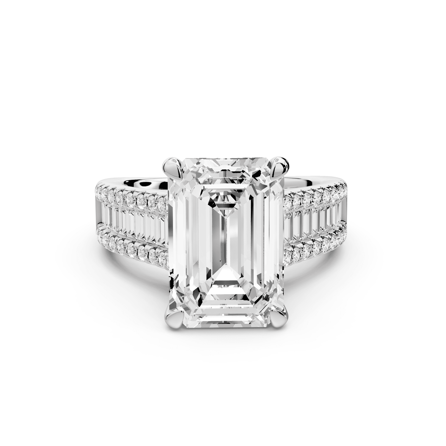 Estelle - 5ct platinum emerald diamond with emerald and round cut accent stones half band cathedral engagamengt ring - Mr. Alex Jewelry