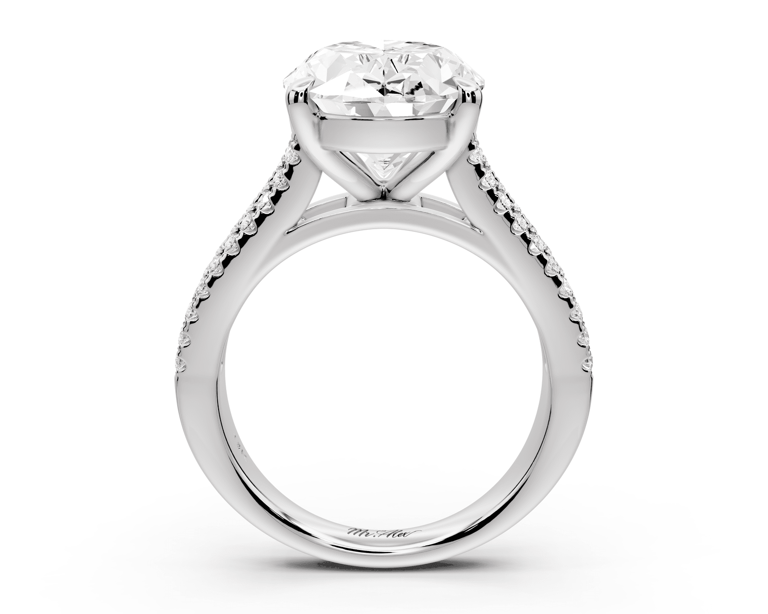 Estelle - 5ct platinum oval diamond with emerald and round cut accent stones half band cathedral engagamengt ring - Mr. Alex Jewelry