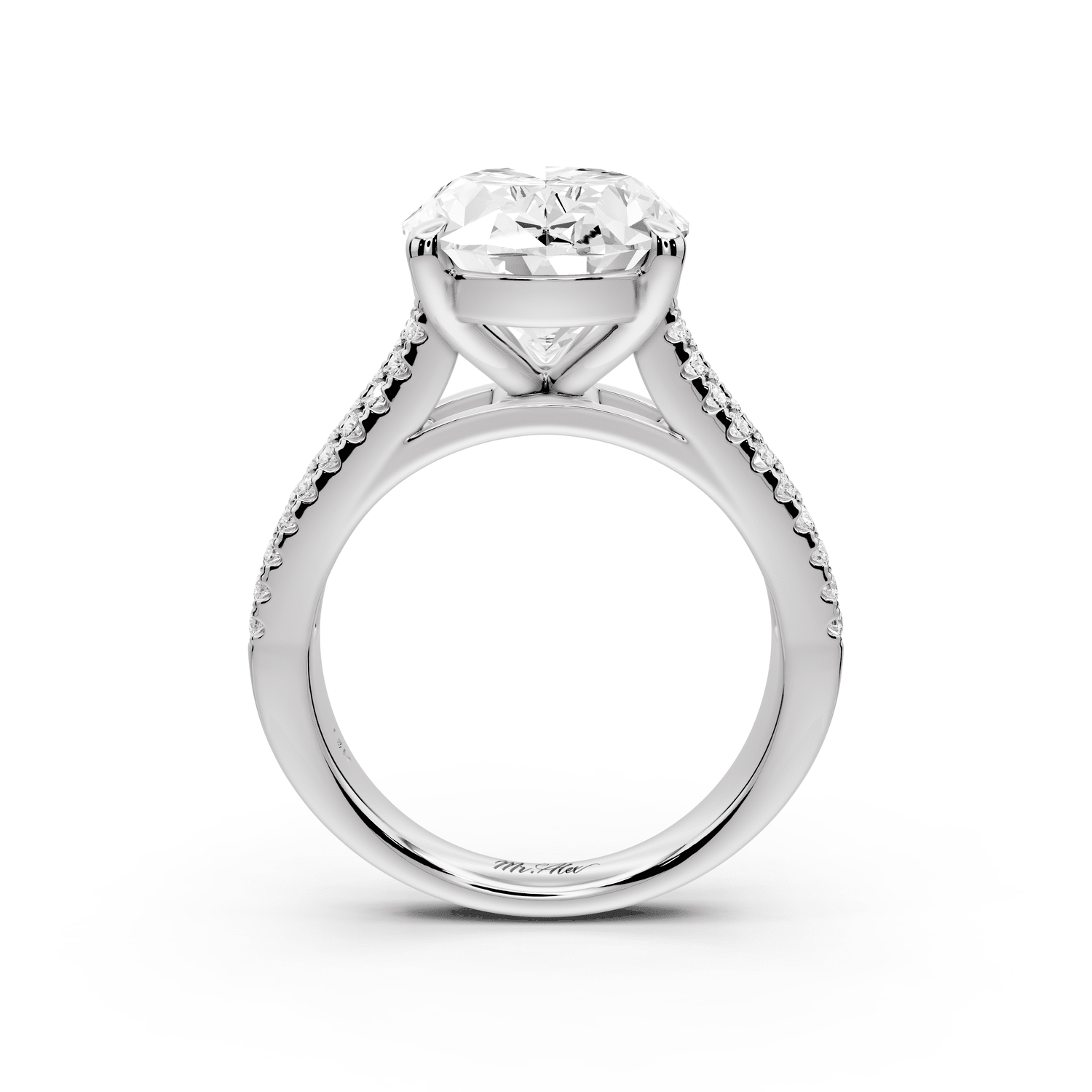 Estelle - 5ct platinum oval diamond with emerald and round cut accent stones half band cathedral engagamengt ring - Mr. Alex Jewelry