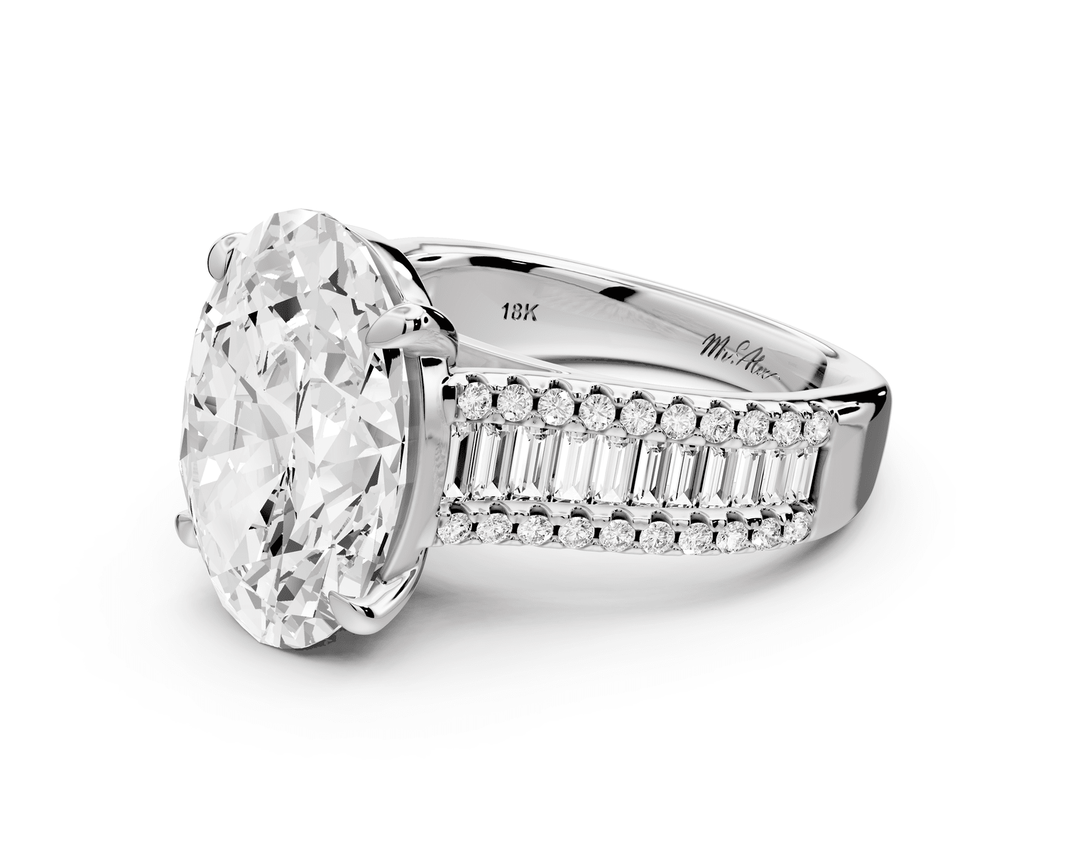 Estelle - 5ct platinum oval diamond with emerald and round cut accent stones half band cathedral engagamengt ring - Mr. Alex Jewelry