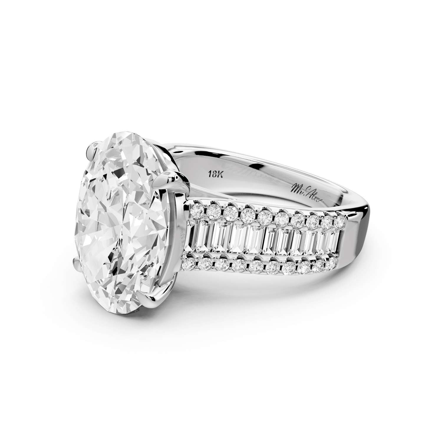 Estelle - 5ct platinum oval diamond with emerald and round cut accent stones half band cathedral engagamengt ring - Mr. Alex Jewelry