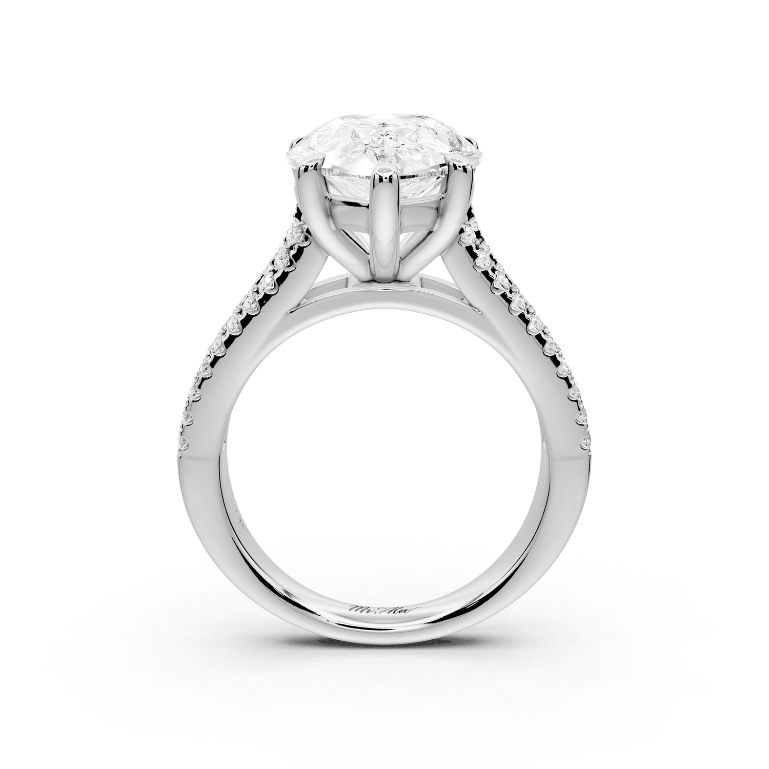 Estelle - 5ct platinum pear diamond with emerald and round cut accent stones half band cathedral engagamengt ring - Mr. Alex Jewelry