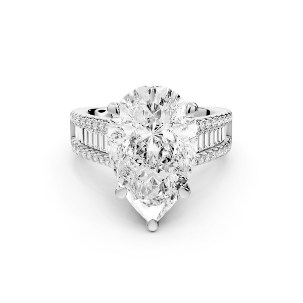 Estelle - 5ct platinum pear diamond with emerald and round cut accent stones half band cathedral engagamengt ring - Mr. Alex Jewelry
