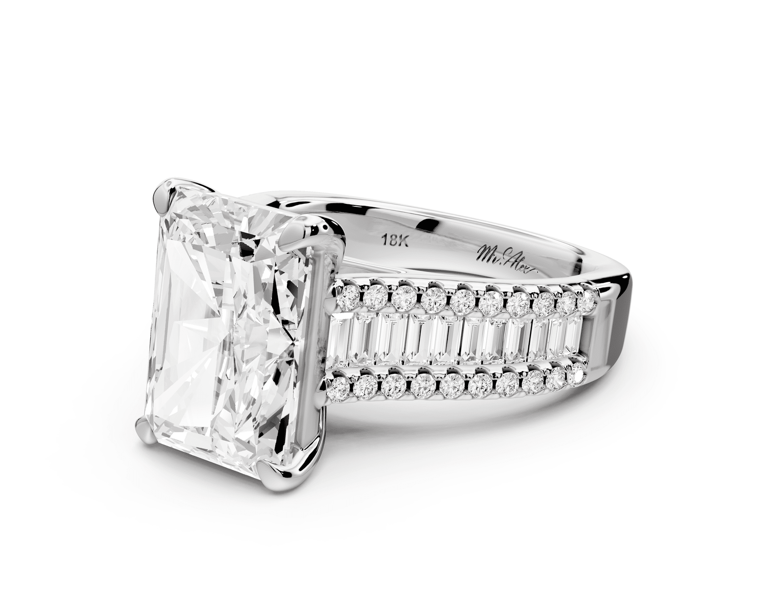 Estelle - 5ct platinum radiant diamond with emerald and round cut accent stones half band cathedral engagement ring - Mr. Alex Jewelry