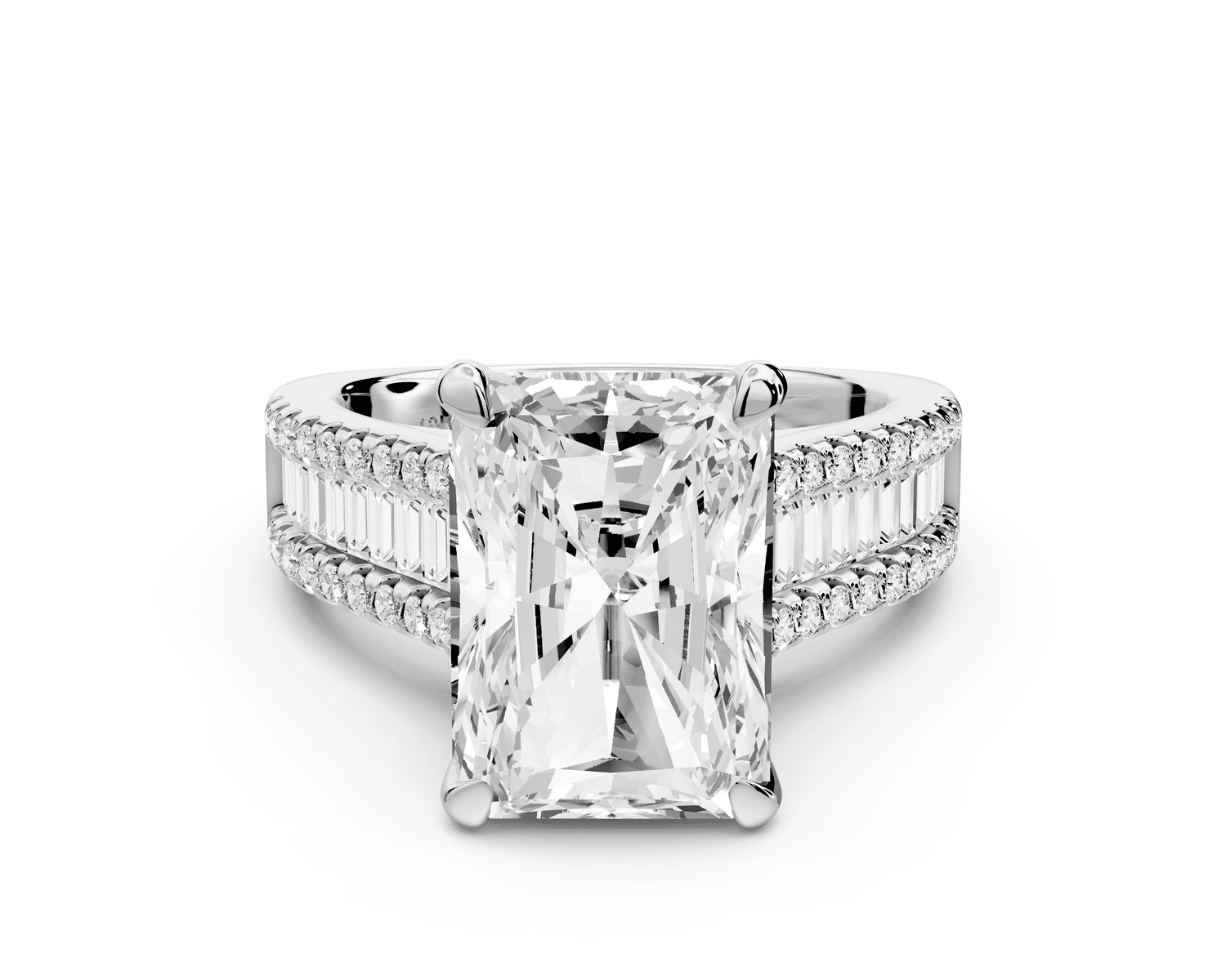 Estelle - 5ct platinum radiant diamond with emerald and round cut accent stones half band cathedral engagement ring - Mr. Alex Jewelry