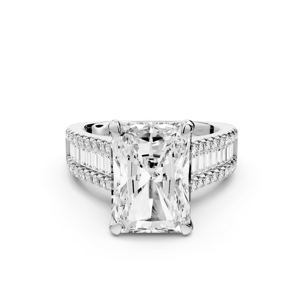 Estelle - 5ct platinum radiant diamond with emerald and round cut accent stones half band cathedral engagement ring - Mr. Alex Jewelry