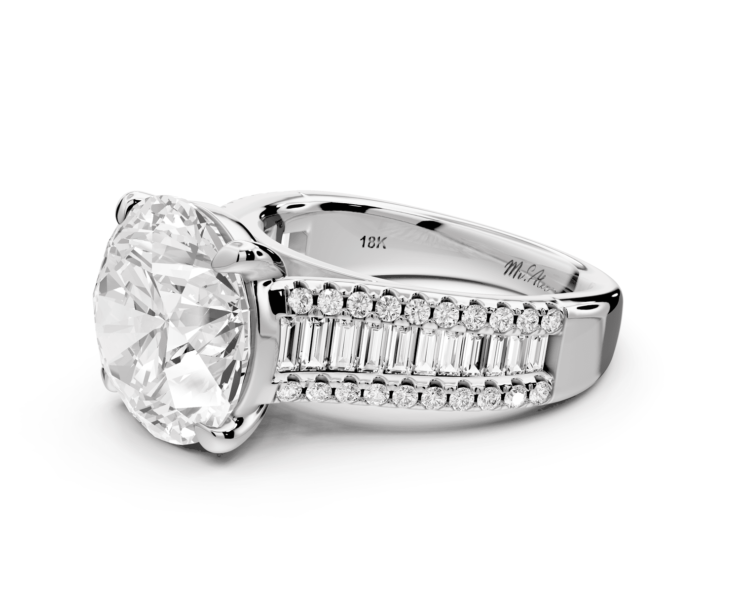 Estelle - 5ct platinum round diamond with emerald and round cut accent stones half band cathedral engagamengt ring - Mr. Alex Jewelry