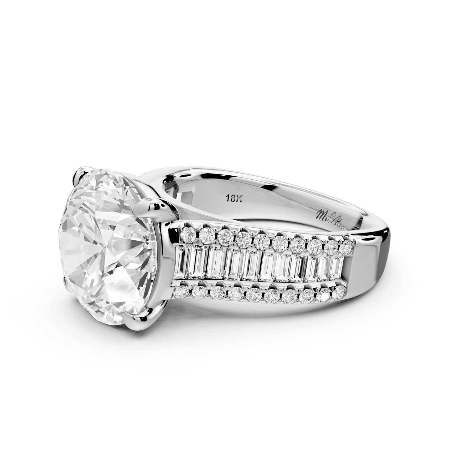 Estelle - 5ct platinum round diamond with emerald and round cut accent stones half band cathedral engagamengt ring - Mr. Alex Jewelry