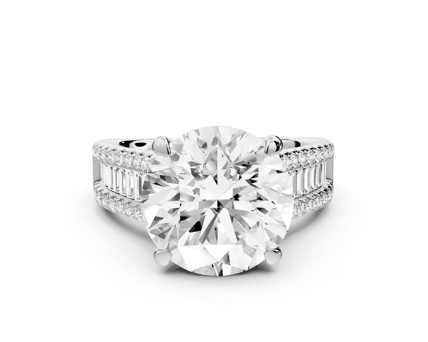 Estelle - 5ct platinum round diamond with emerald and round cut accent stones half band cathedral engagamengt ring - Mr. Alex Jewelry