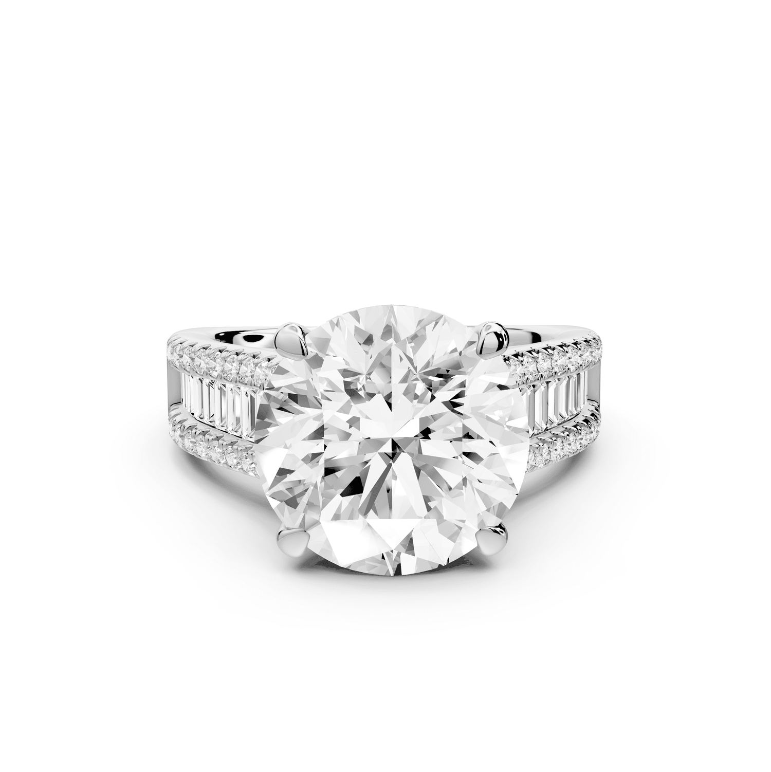 Estelle - 5ct platinum round diamond with emerald and round cut accent stones half band cathedral engagamengt ring - Mr. Alex Jewelry