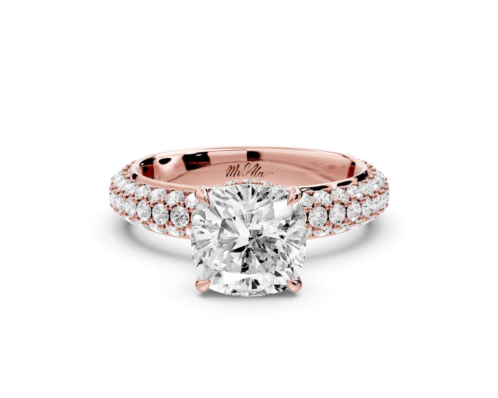 Evelina - 2ct 14k rose gold cushion wrap around Halo Rollover Pavé Diamond Crown Engagement Ring - Mr. Alex Jewelry