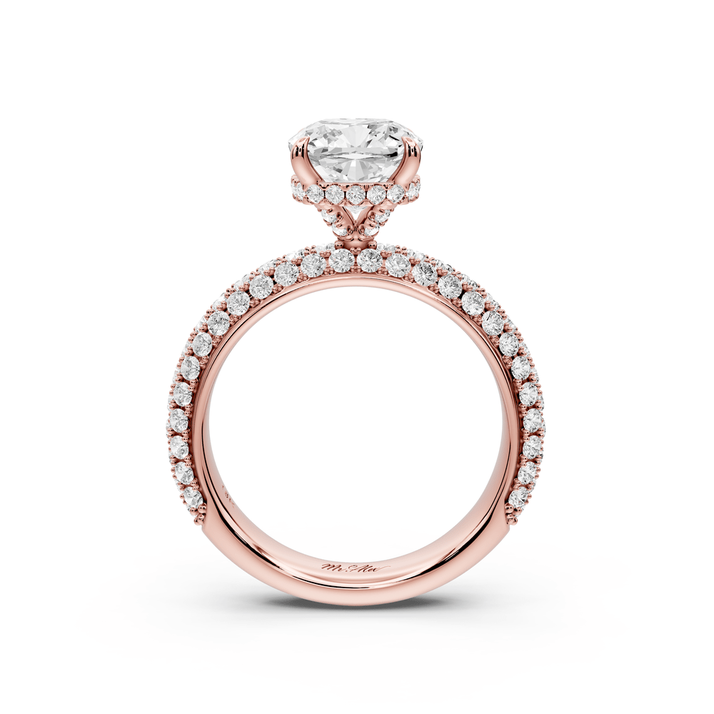 Evelina - 2ct 14k rose gold cushion wrap around Halo Rollover Pavé Diamond Crown Engagement Ring - Mr. Alex Jewelry