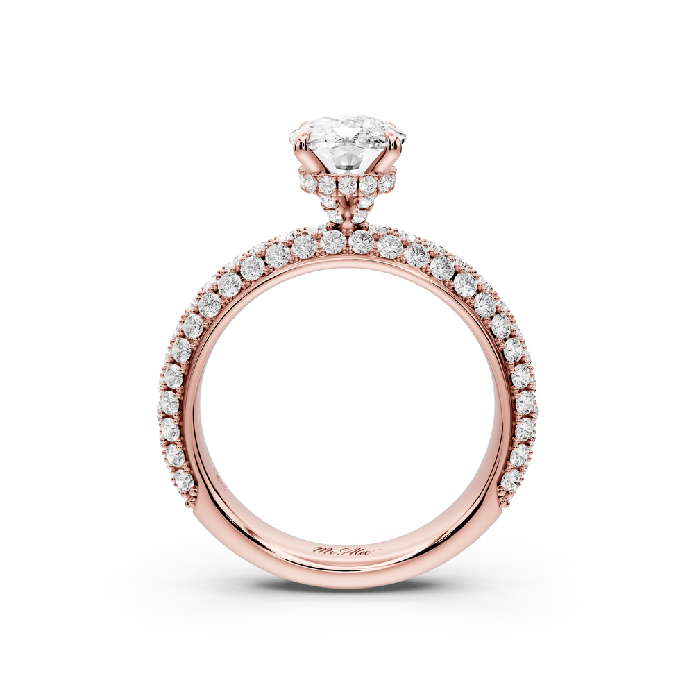 Evelina - 2ct 14k rose gold ecushion wrap around Halo Rollover Pavé Diamond Crown Engagement Ring - Mr. Alex Jewelry