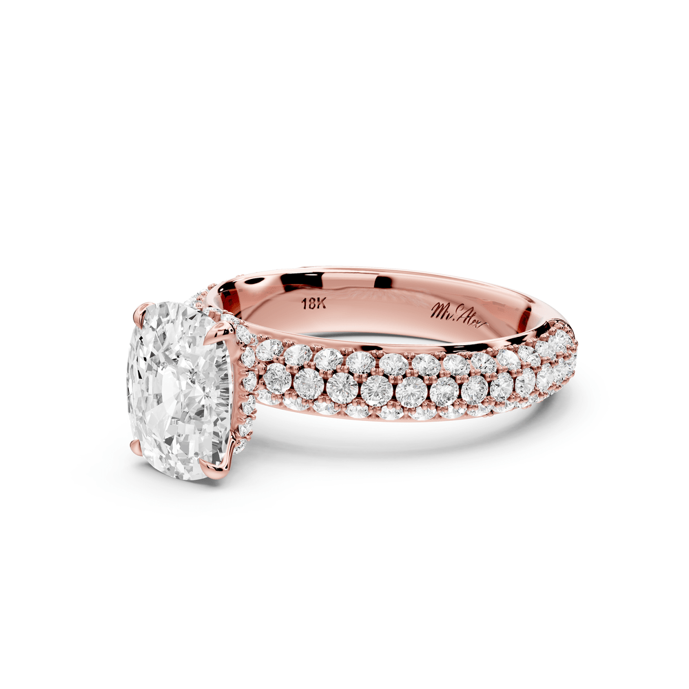 Evelina - 2ct 14k rose gold ecushion wrap around Halo Rollover Pavé Diamond Crown Engagement Ring - Mr. Alex Jewelry
