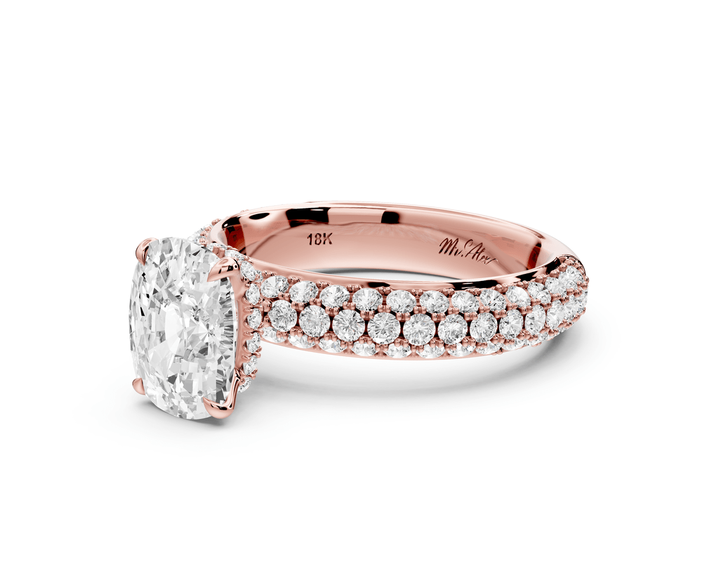 Evelina - 2ct 14k rose gold ecushion wrap around Halo Rollover Pavé Diamond Crown Engagement Ring - Mr. Alex Jewelry