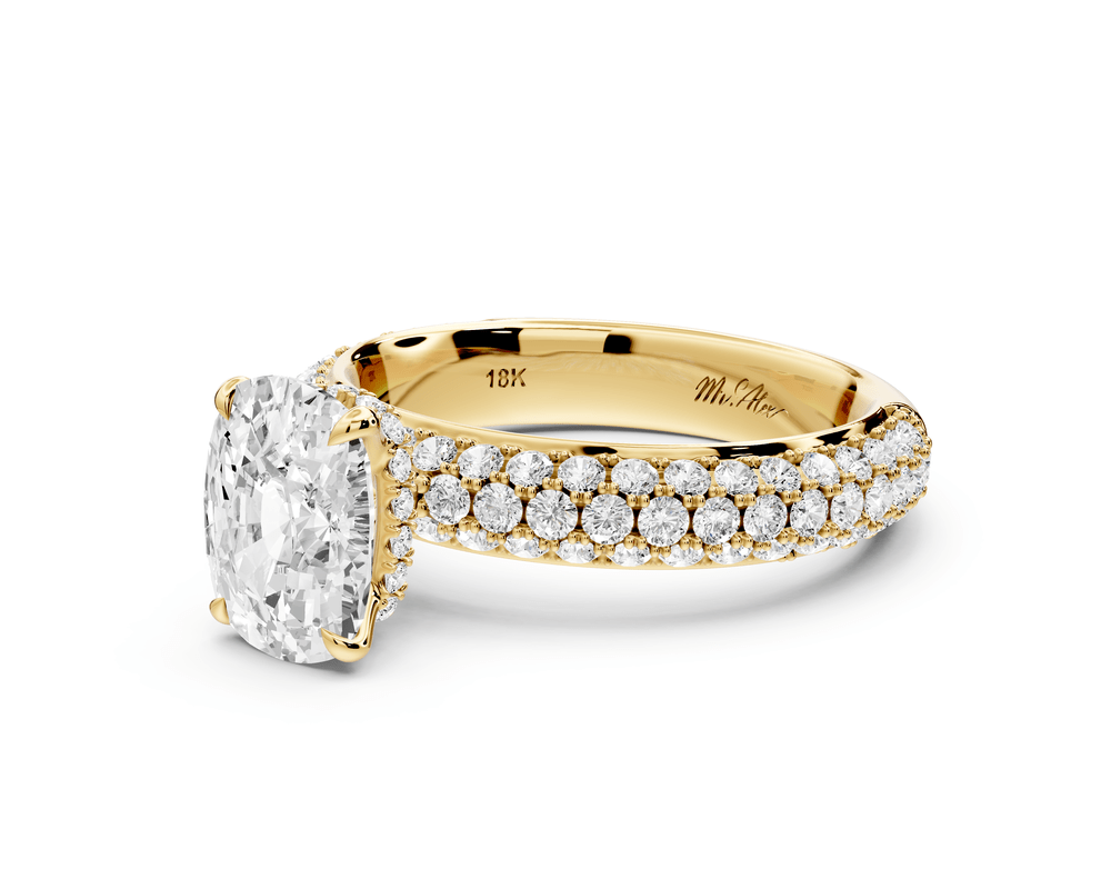 Evelina - 2ct 14k yellow gold ecushion wrap around Halo Rollover Pavé Diamond Crown Engagement Ring - Mr. Alex Jewelry