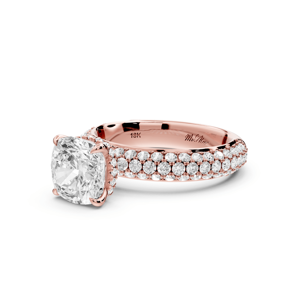Evelina - 2ct 18k rose gold cushion wrap around Halo Rollover Pavé Diamond Crown Engagement Ring - Mr. Alex Jewelry