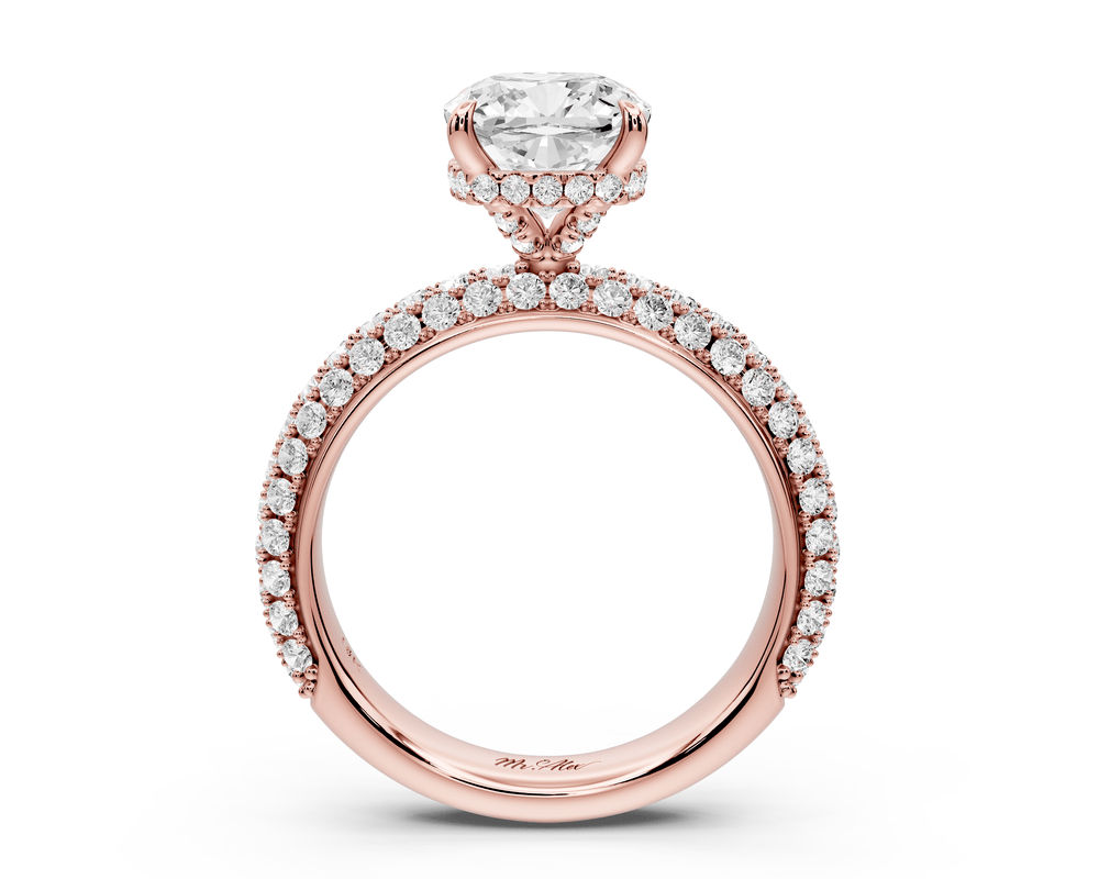 Evelina - 2ct 18k rose gold cushion wrap around Halo Rollover Pavé Diamond Crown Engagement Ring - Mr. Alex Jewelry