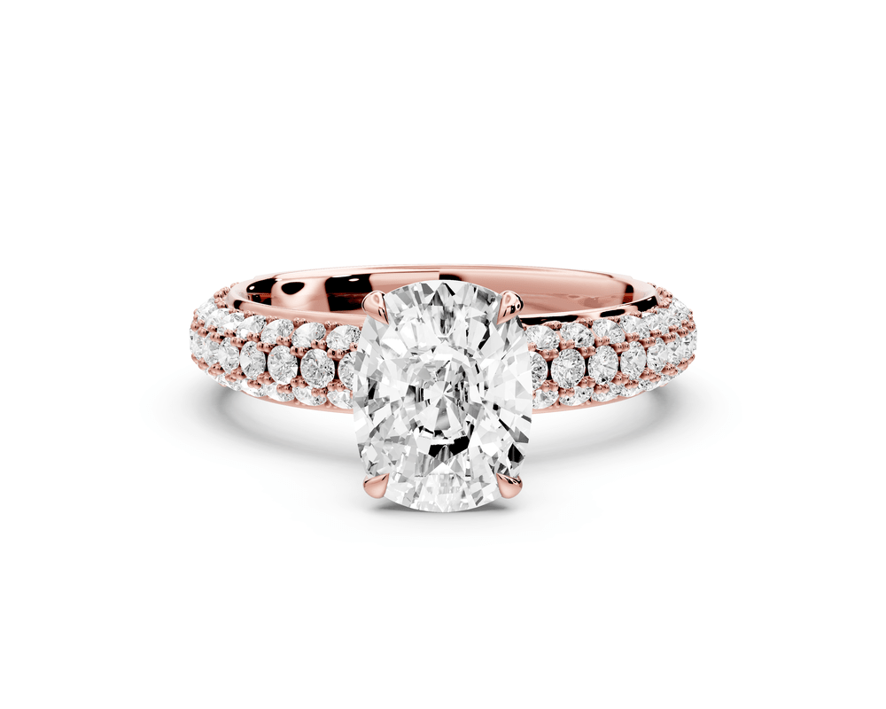 Evelina - 2ct 18k rose gold ecushion wrap around Halo Rollover Pavé Diamond Crown Engagement Ring - Mr. Alex Jewelry