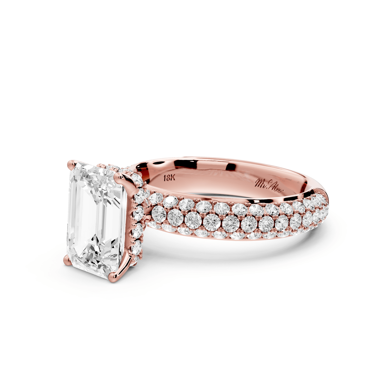 Evelina - 2ct 18k rose gold emerald wrap around Halo Rollover Pavé Diamond Crown Engagement Ring - Mr. Alex Jewelry