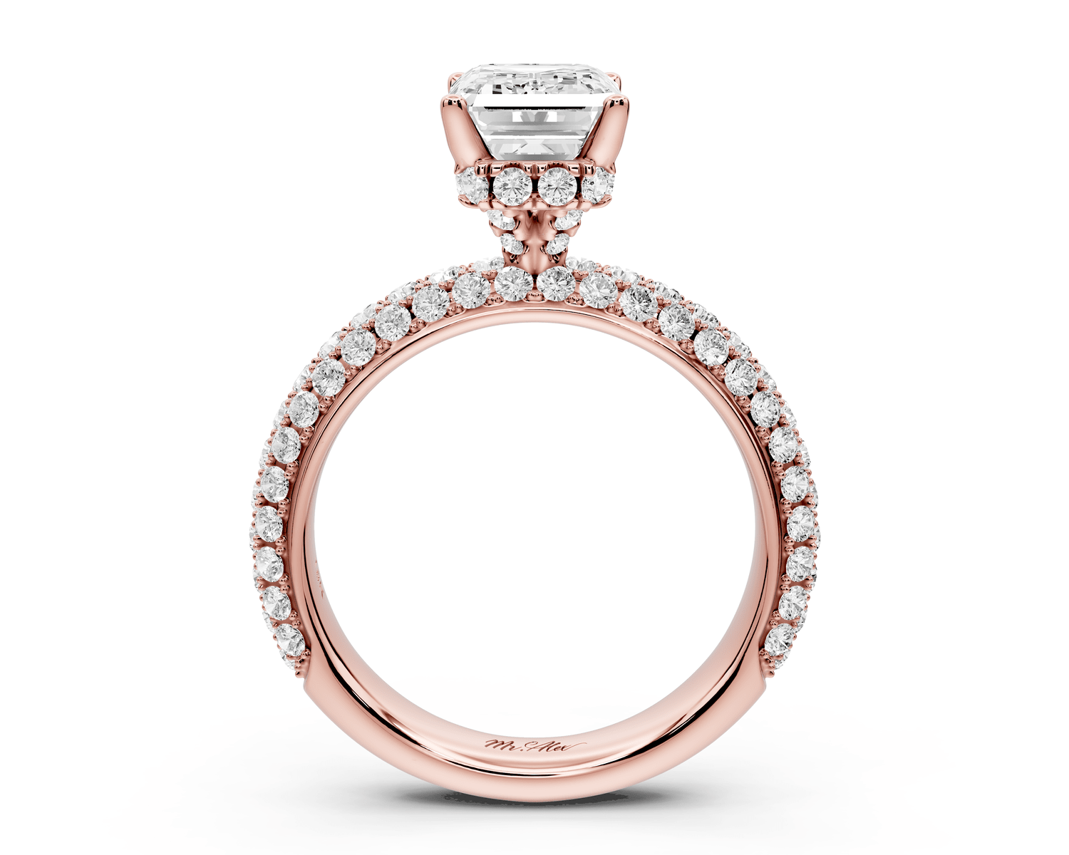 Evelina - 2ct 18k rose gold emerald wrap around Halo Rollover Pavé Diamond Crown Engagement Ring - Mr. Alex Jewelry