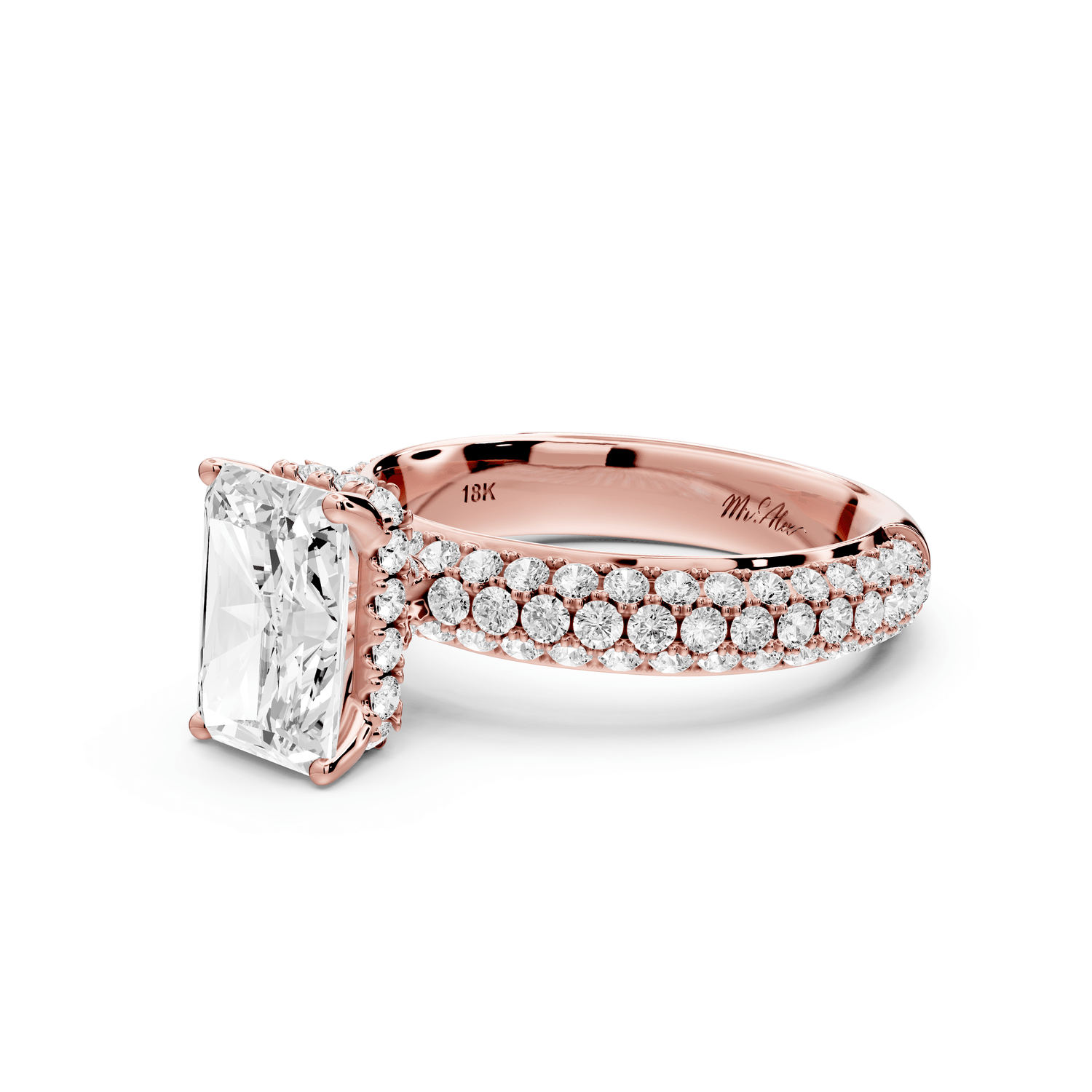Evelina - 2ct 18k rose gold radiant wrap around Halo Rollover Pavé Diamond Crown Engagement Ring - Mr. Alex Jewelry