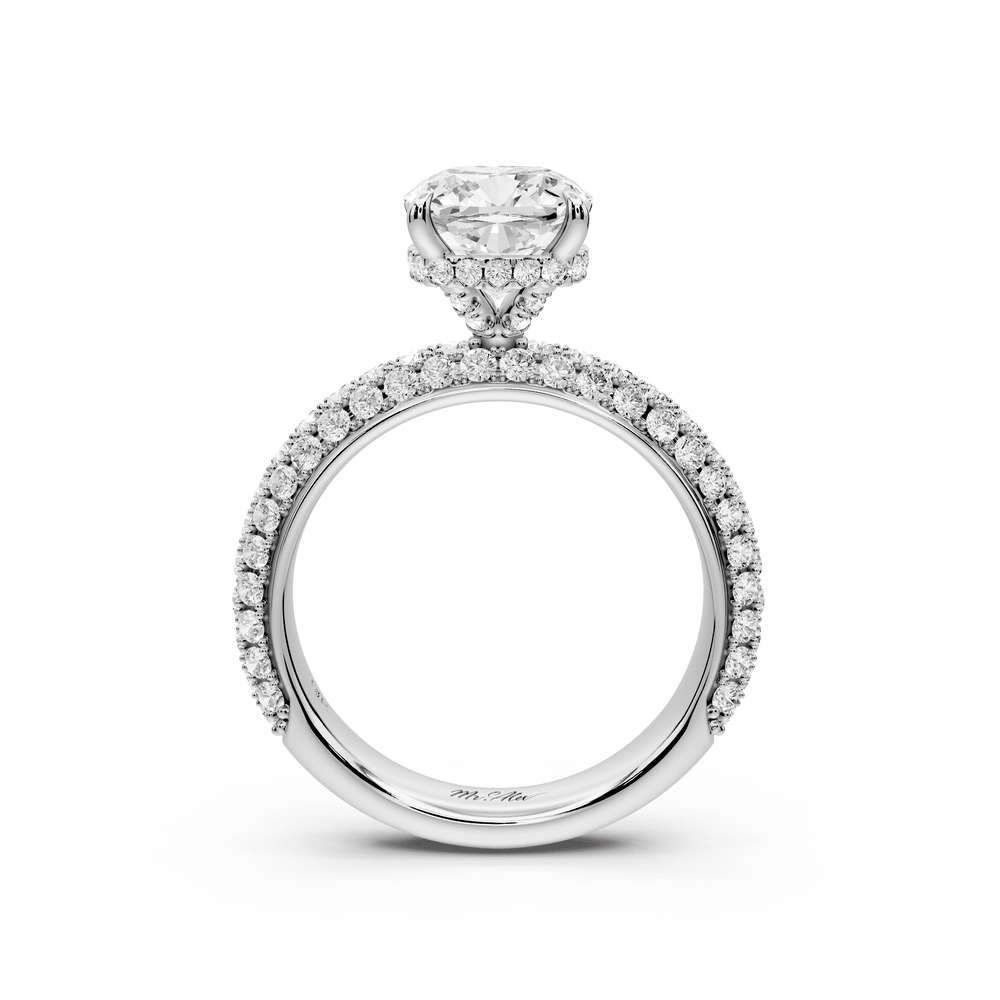 Evelina - 2ct 18k white gold cushion wrap around Halo Rollover Pavé Diamond Crown Engagement Ring - Mr. Alex Jewelry