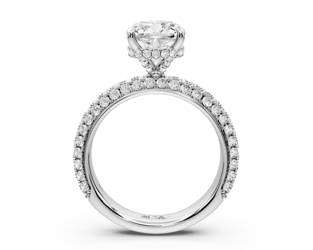 Evelina - 2ct 18k white gold cushion wrap around Halo Rollover Pavé Diamond Crown Engagement Ring - Mr. Alex Jewelry