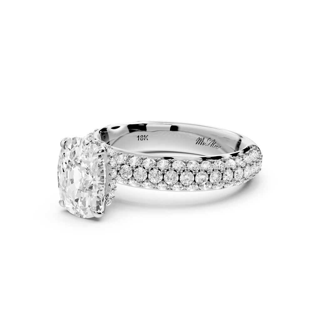 Evelina - 2ct 18k white gold ecushion wrap around Halo Rollover Pavé Diamond Crown Engagement Ring - Mr. Alex Jewelry