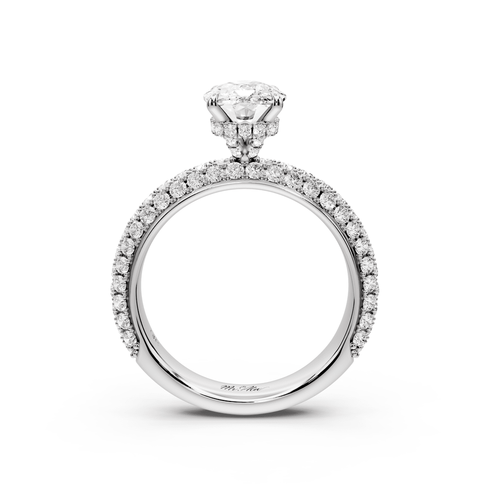 Evelina - 2ct 18k white gold ecushion wrap around Halo Rollover Pavé Diamond Crown Engagement Ring - Mr. Alex Jewelry