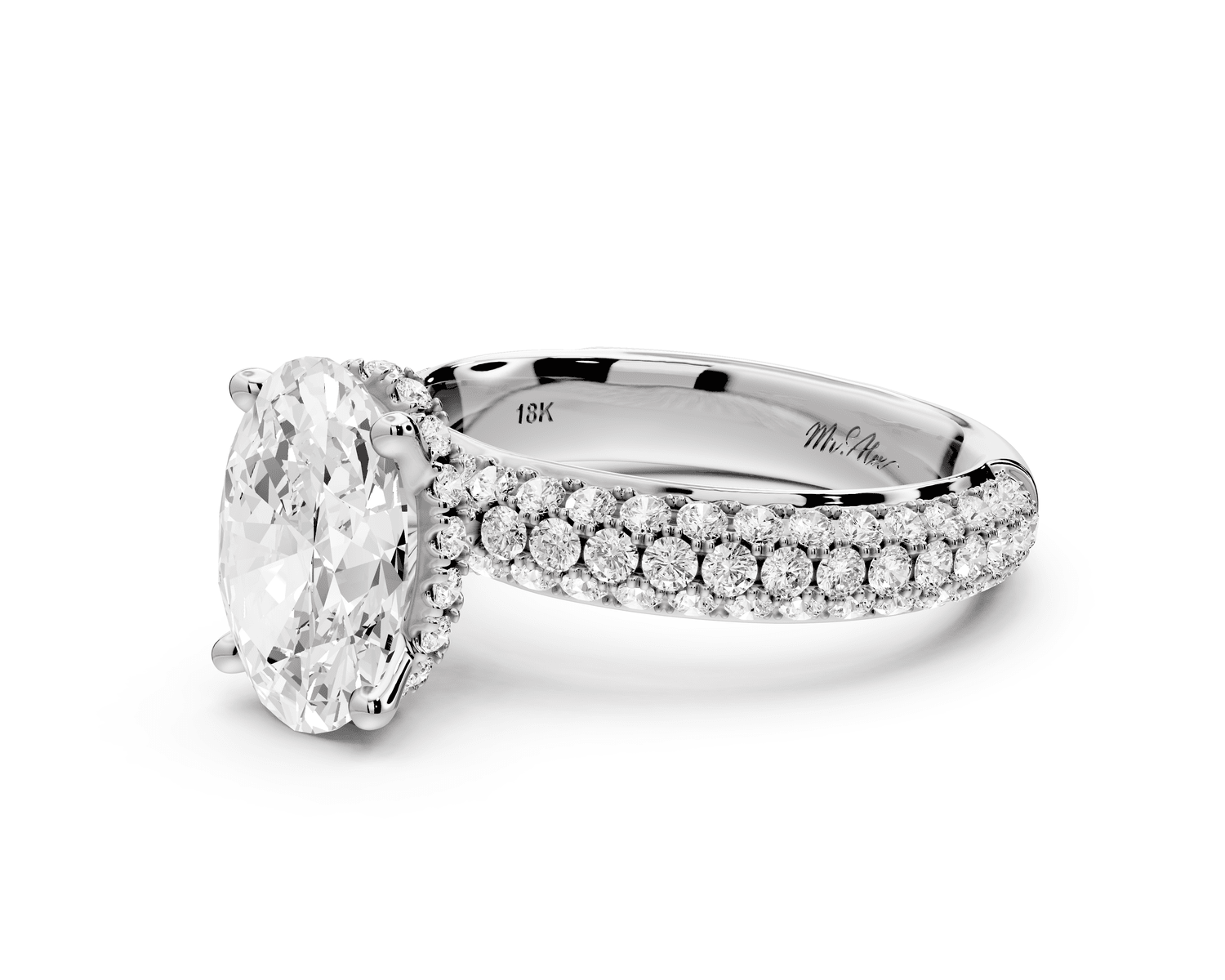 Evelina - 2ct 18k white gold oval wrap around Halo Rollover Pavé Diamond Crown Engagement Ring - Mr. Alex Jewelry