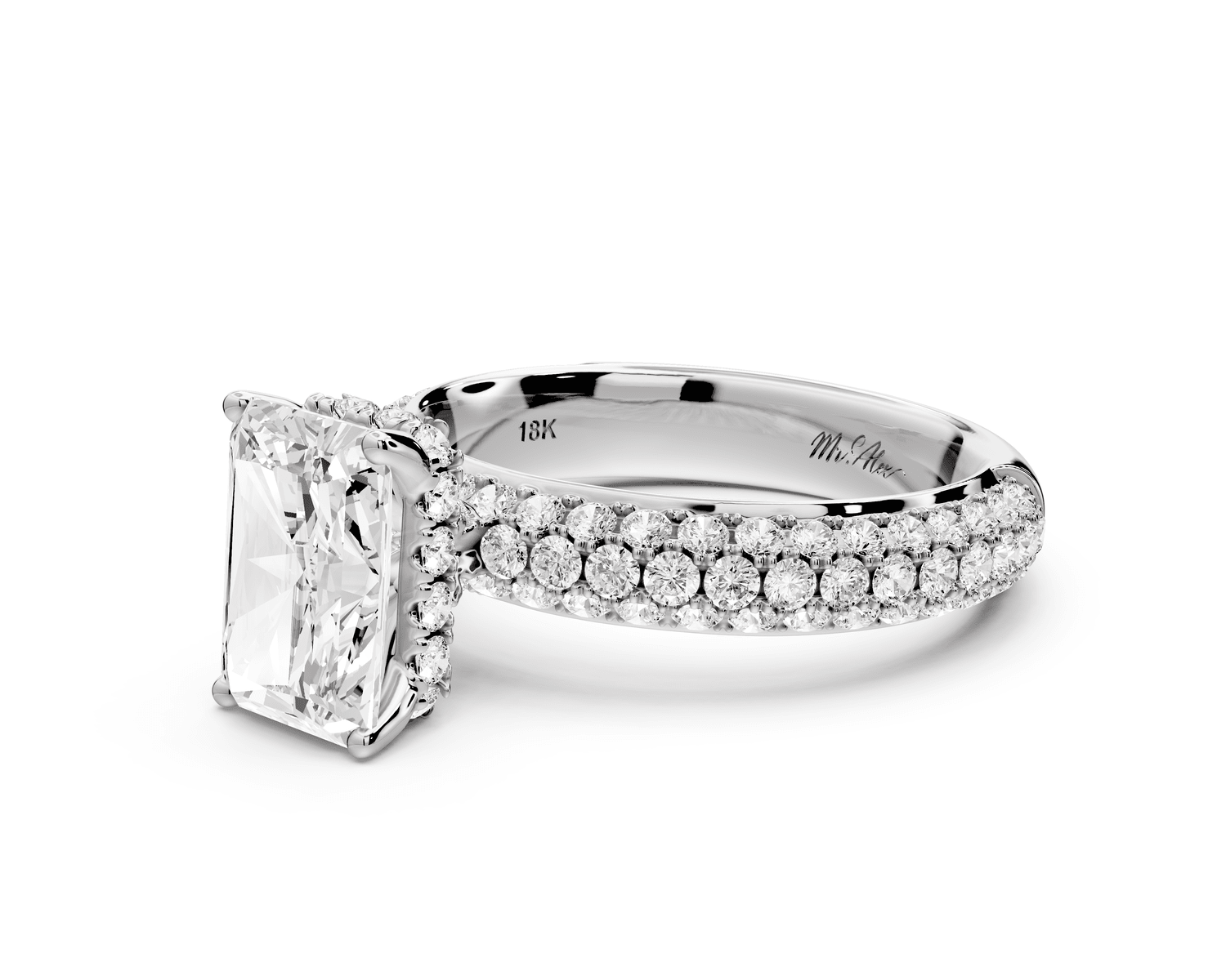 Evelina - 2ct 18k white gold radiant wrap around Halo Rollover Pavé Diamond Crown Engagement Ring - Mr. Alex Jewelry