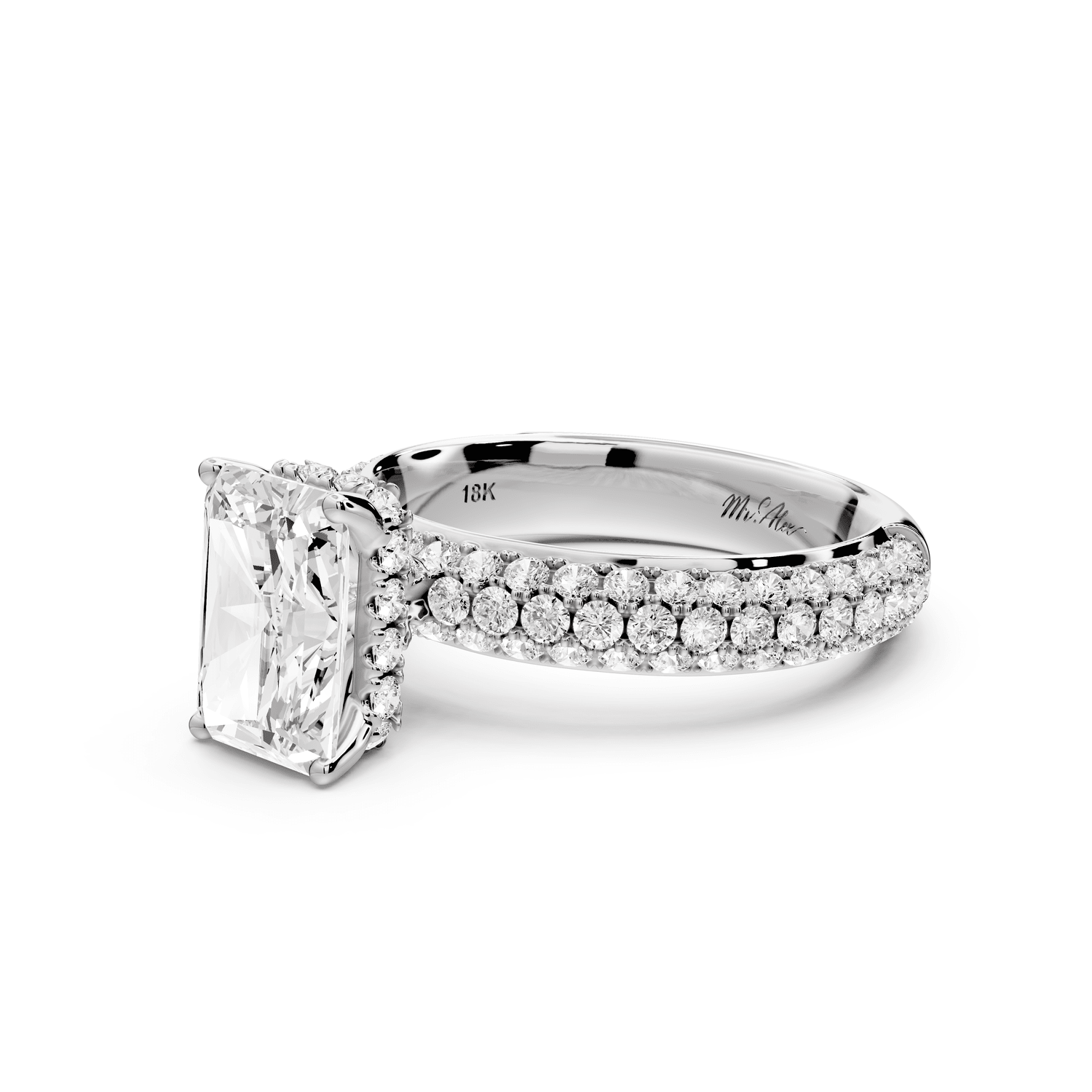 Evelina - 2ct 18k white gold radiant wrap around Halo Rollover Pavé Diamond Crown Engagement Ring - Mr. Alex Jewelry