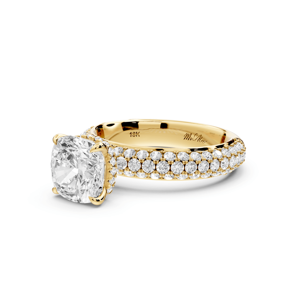 Evelina - 2ct 18k yellow gold cushion wrap around Halo Rollover Pavé Diamond Crown Engagement Ring - Mr. Alex Jewelry