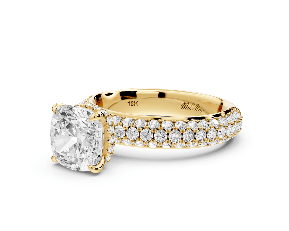 Evelina - 2ct 18k yellow gold cushion wrap around Halo Rollover Pavé Diamond Crown Engagement Ring - Mr. Alex Jewelry
