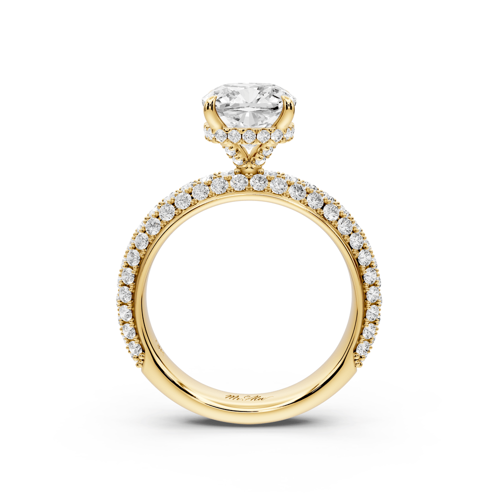 Evelina - 2ct 18k yellow gold cushion wrap around Halo Rollover Pavé Diamond Crown Engagement Ring - Mr. Alex Jewelry