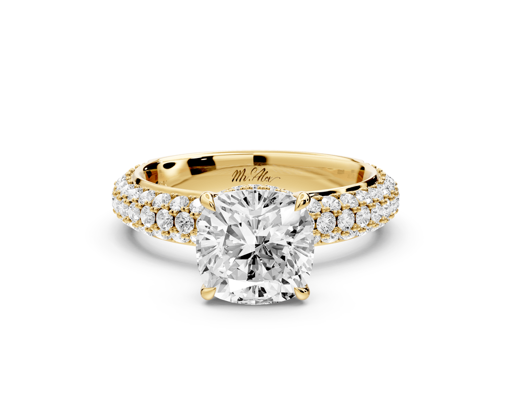 Evelina - 2ct 18k yellow gold cushion wrap around Halo Rollover Pavé Diamond Crown Engagement Ring - Mr. Alex Jewelry