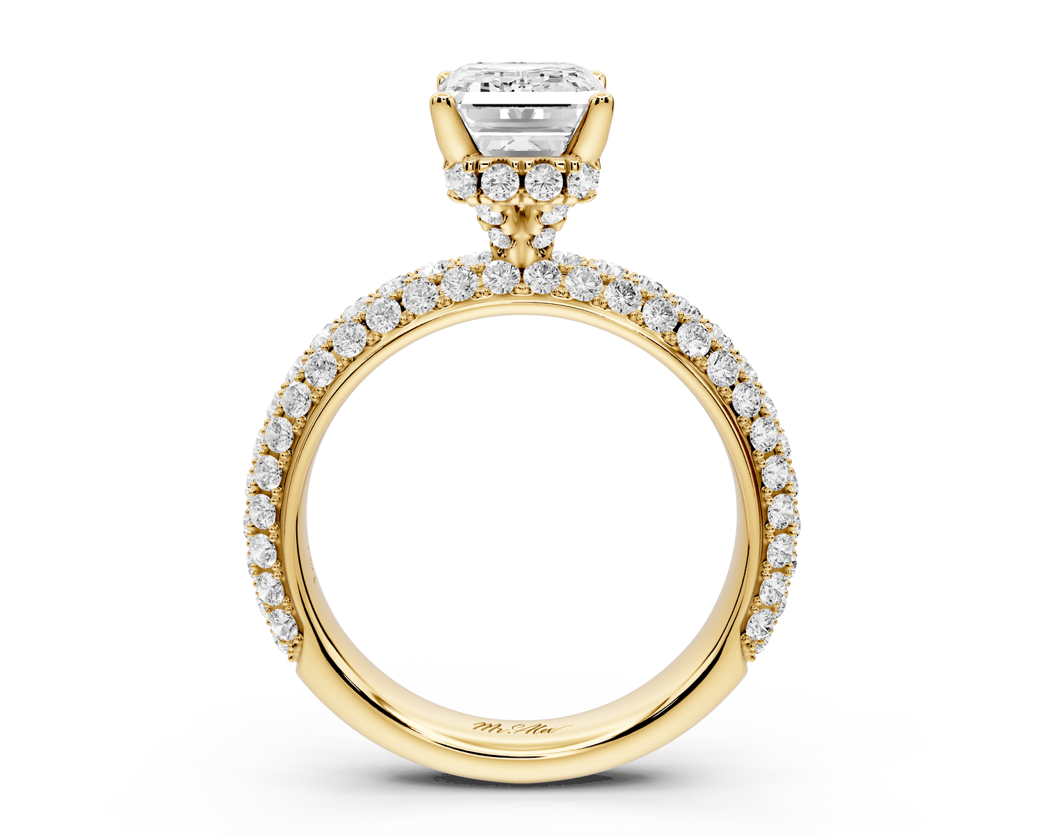 Evelina - 2ct 18k yellow gold emerald wrap around Halo Rollover Pavé Diamond Crown Engagement Ring - Mr. Alex Jewelry