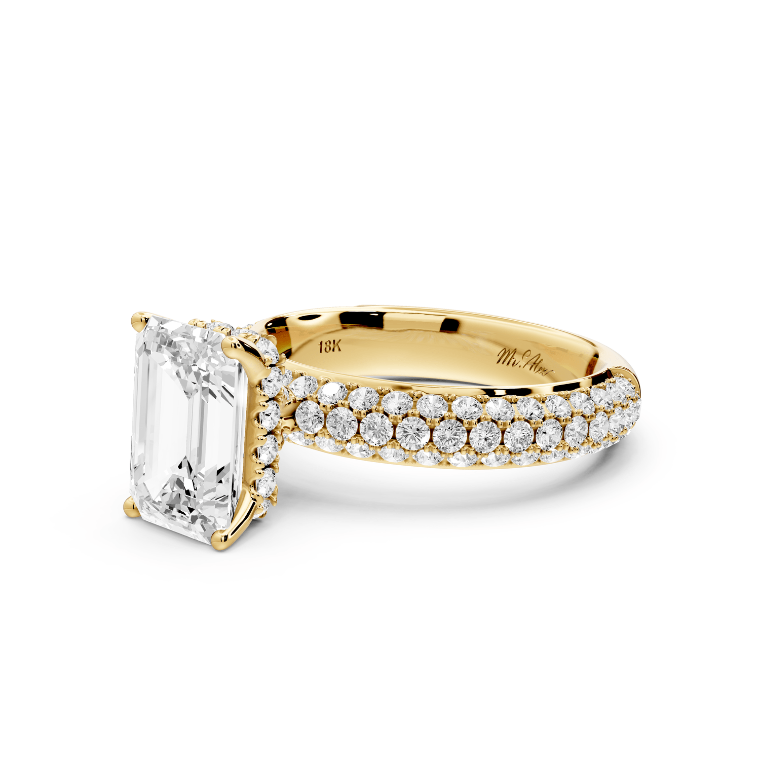 Evelina - 2ct 18k yellow gold emerald wrap around Halo Rollover Pavé Diamond Crown Engagement Ring - Mr. Alex Jewelry