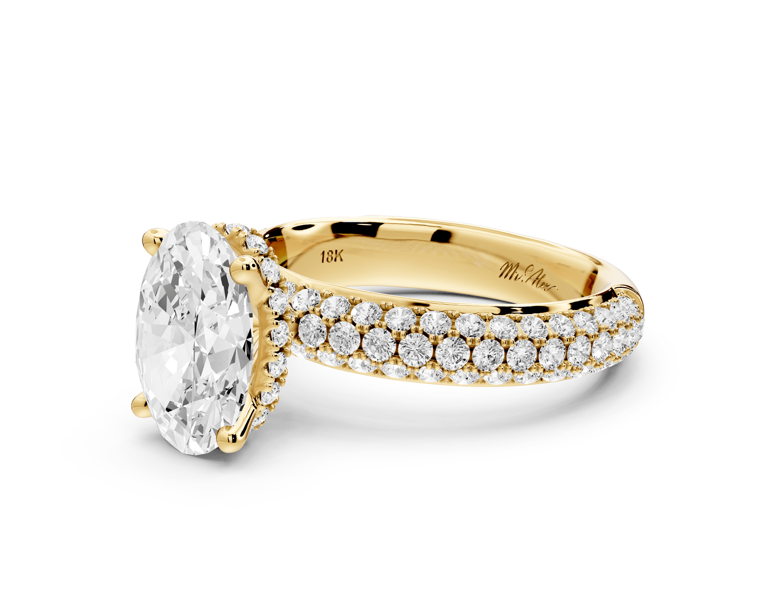 Evelina - 2ct 18k yellow gold oval wrap around Halo Rollover Pavé Diamond Crown Engagement Ring - Mr. Alex Jewelry