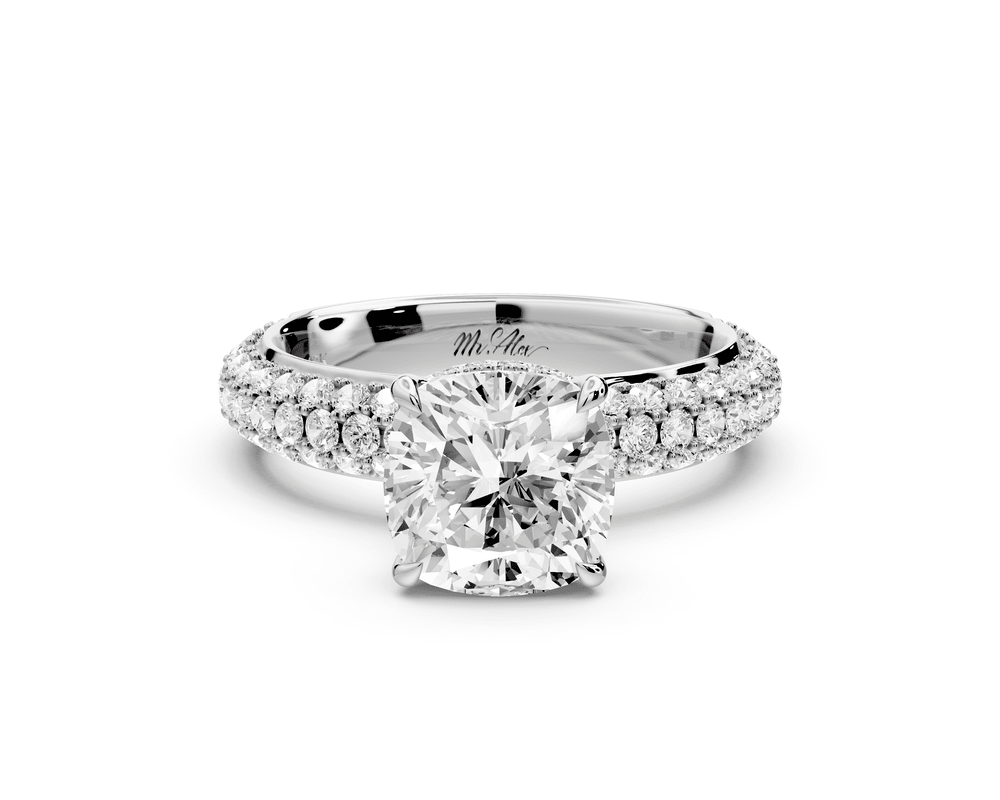 Evelina - 2ct platinum cushion wrap around Halo Rollover Pavé Diamond Crown Engagement Ring - Mr. Alex Jewelry