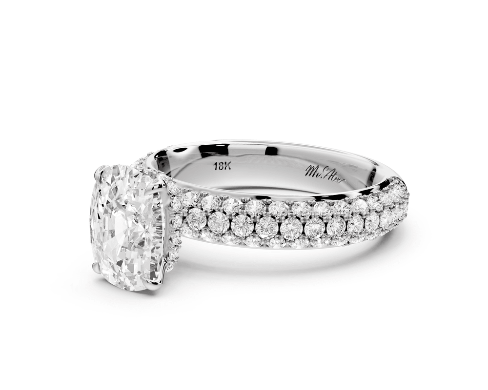 Evelina - 2ct platinum ecushion wrap around Halo Rollover Pavé Diamond Crown Engagement Ring - Mr. Alex Jewelry