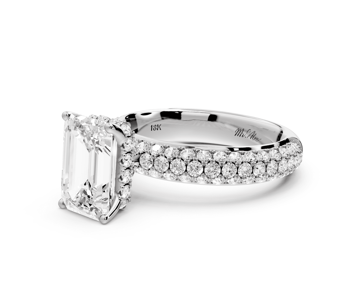Evelina - 2ct platinum emerald wrap around Halo Rollover Pavé Diamond Crown Engagement Ring - Mr. Alex Jewelry