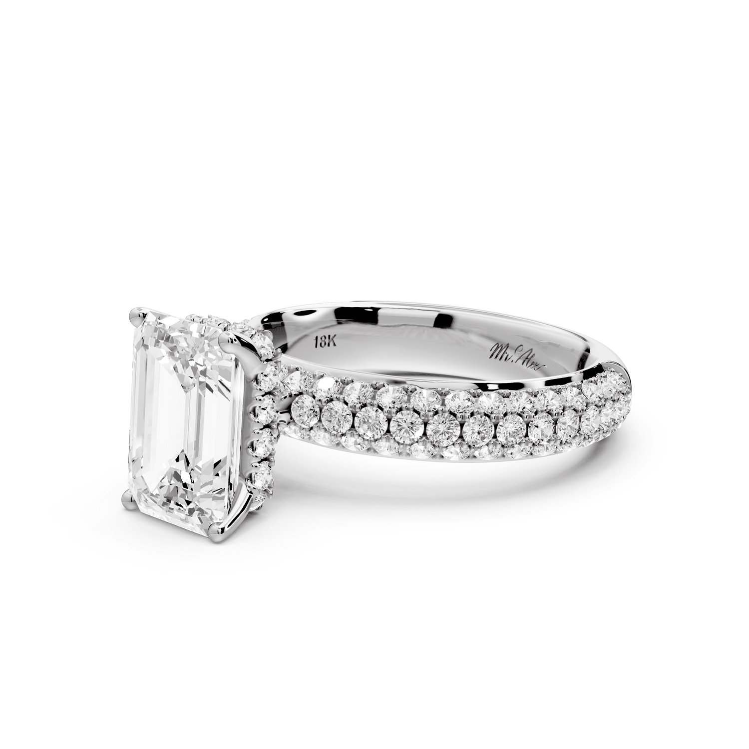 Evelina - 2ct platinum emerald wrap around Halo Rollover Pavé Diamond Crown Engagement Ring - Mr. Alex Jewelry