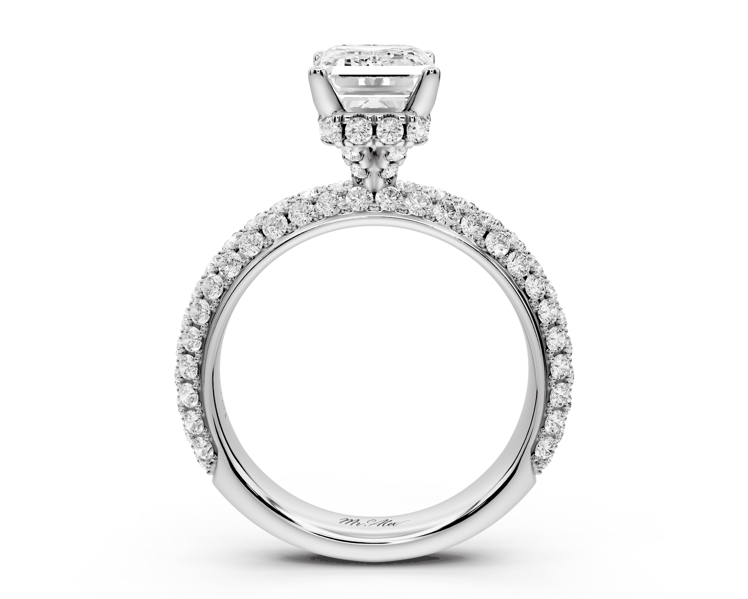 Evelina - 2ct platinum emerald wrap around Halo Rollover Pavé Diamond Crown Engagement Ring - Mr. Alex Jewelry