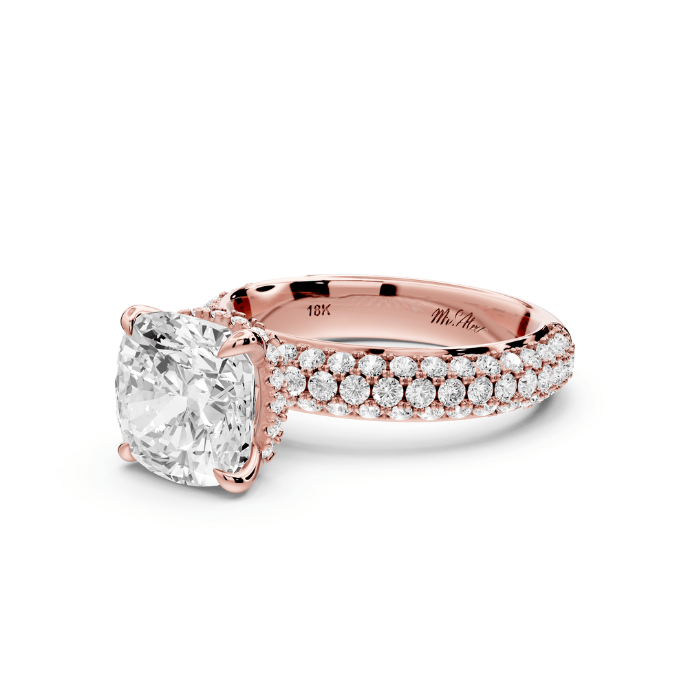 Evelina - 3ct 14k rose gold cushion wrap around Halo Rollover Pavé Diamond Crown Engagement Ring - Mr. Alex Jewelry