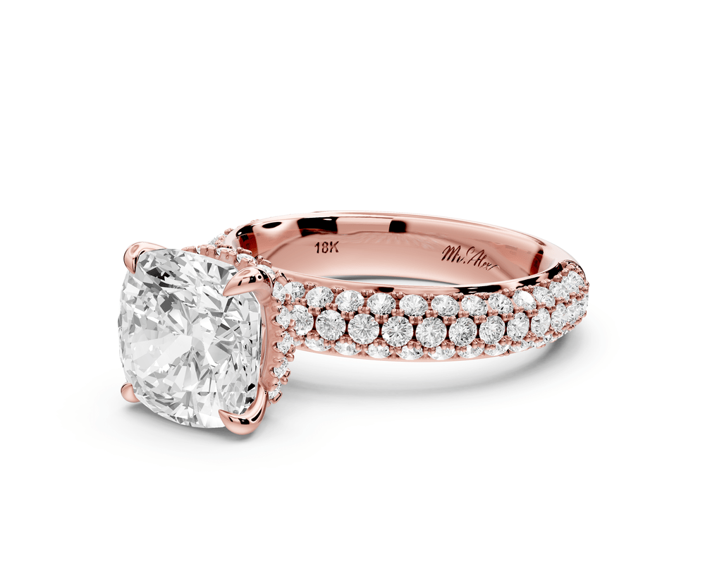 Evelina - 3ct 14k rose gold cushion wrap around Halo Rollover Pavé Diamond Crown Engagement Ring - Mr. Alex Jewelry